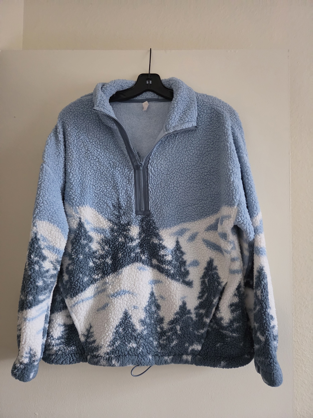 Cozy Light Blue Mountain Print Sherpa Pullover Sweater
